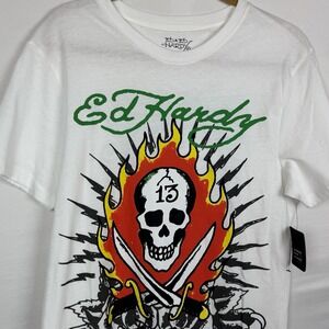 Ed Hardy Skull Flames Graphic Tee Mens Medium White Y2K Tattoo Streetwear